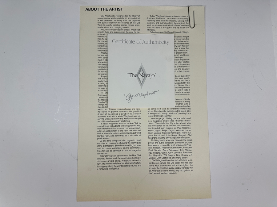 Olaf Wieghorst (1899-1988, American) Hand Signed Limited Edition Print Titled 'The Navajo' With C.O.A. Hand Signed Lower Left And Numbered 1195 Of 1500 20' X 22' Framed 29.5 X 31.5 [Photo 12]