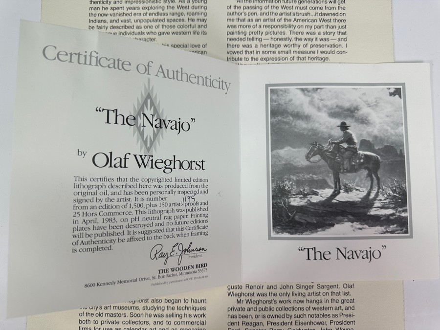 Olaf Wieghorst (1899-1988, American) Hand Signed Limited Edition Print Titled 'The Navajo' With C.O.A. Hand Signed Lower Left And Numbered 1195 Of 1500 20' X 22' Framed 29.5 X 31.5 [Photo 14]