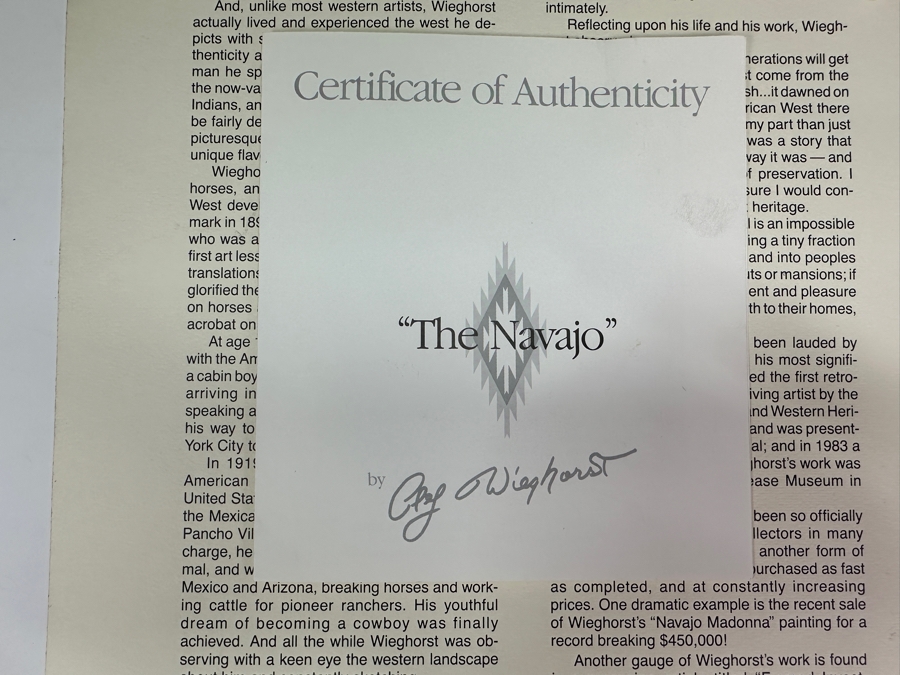 Olaf Wieghorst (1899-1988, American) Hand Signed Limited Edition Print Titled 'The Navajo' With C.O.A. Hand Signed Lower Left And Numbered 1195 Of 1500 20' X 22' Framed 29.5 X 31.5 [Photo 13]