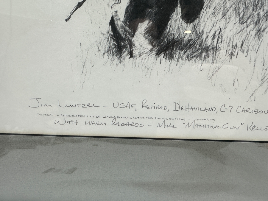 Michael 'Machine Gun' Kelley (1946-2011, American) Hand Signed California Vietnam Veterans Memorial 1988 Print Titled 'Extraction From A Hot LZ, Leaving Behind A Classic Ford And Our Innocence' Signed Lower Right 19 X 12 Framed 25 X 17 [Photo 6]