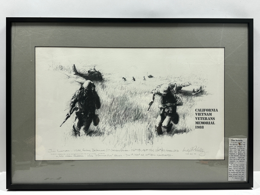 Michael 'Machine Gun' Kelley (1946-2011, American) Hand Signed California Vietnam Veterans Memorial 1988 Print Titled 'Extraction From A Hot LZ, Leaving Behind A Classic Ford And Our Innocence' Signed Lower Right 19 X 12 Framed 25 X 17 [Photo 2]