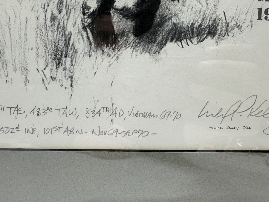 Michael 'Machine Gun' Kelley (1946-2011, American) Hand Signed California Vietnam Veterans Memorial 1988 Print Titled 'Extraction From A Hot LZ, Leaving Behind A Classic Ford And Our Innocence' Signed Lower Right 19 X 12 Framed 25 X 17 [Photo 8]