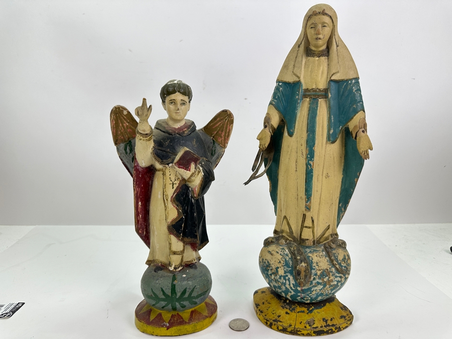 Pair Of Vintage Hand Painted Wooden Polychrome Santos Figures Virgin Mary 15H [Photo 17]