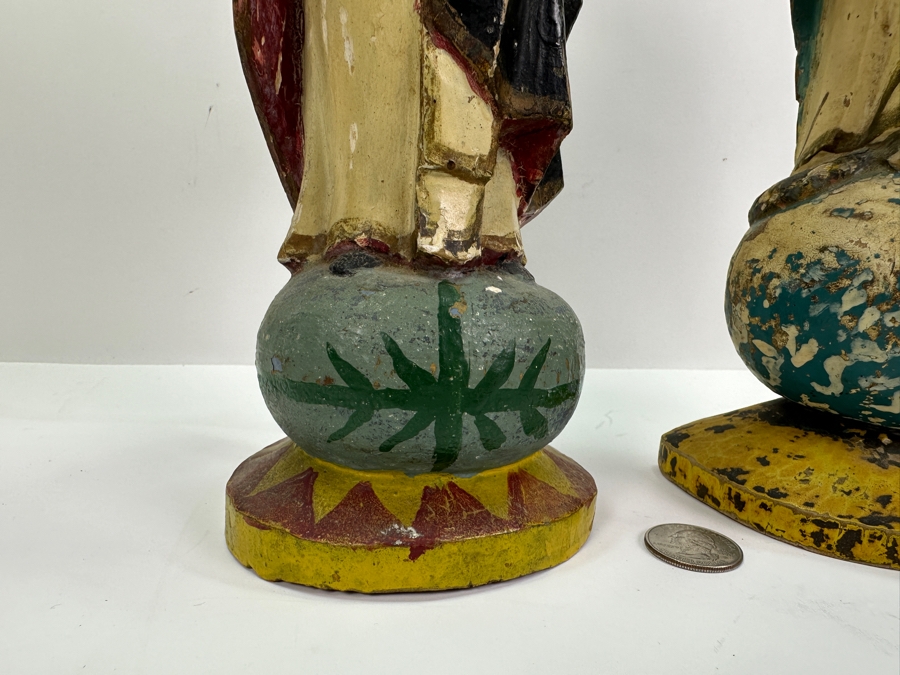 Pair Of Vintage Hand Painted Wooden Polychrome Santos Figures Virgin Mary 15H [Photo 10]