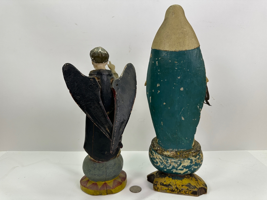 Pair Of Vintage Hand Painted Wooden Polychrome Santos Figures Virgin Mary 15H [Photo 11]