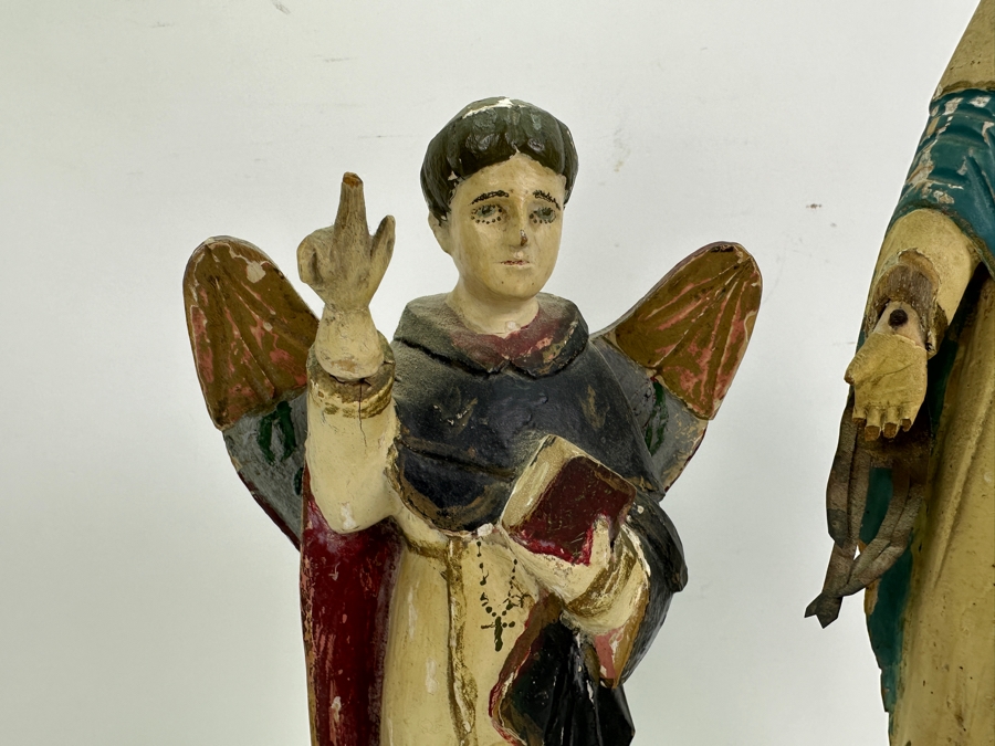 Pair Of Vintage Hand Painted Wooden Polychrome Santos Figures Virgin Mary 15H [Photo 7]