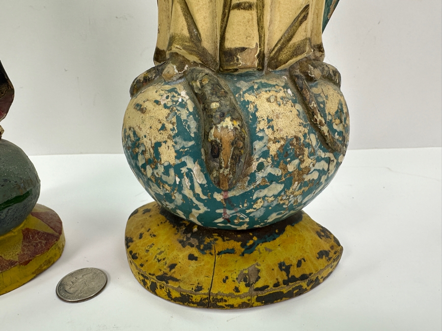 Pair Of Vintage Hand Painted Wooden Polychrome Santos Figures Virgin Mary 15H [Photo 2]
