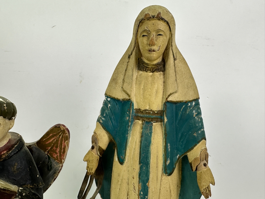 Pair Of Vintage Hand Painted Wooden Polychrome Santos Figures Virgin Mary 15H [Photo 4]