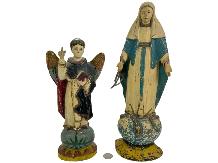 Pair Of Vintage Hand Painted Wooden Polychrome Santos Figures Virgin Mary 15H