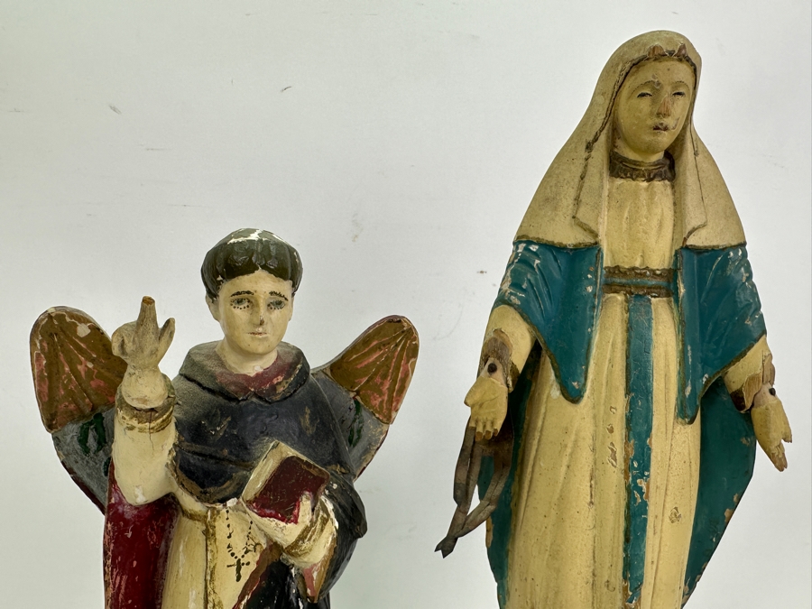 Pair Of Vintage Hand Painted Wooden Polychrome Santos Figures Virgin Mary 15H [Photo 8]
