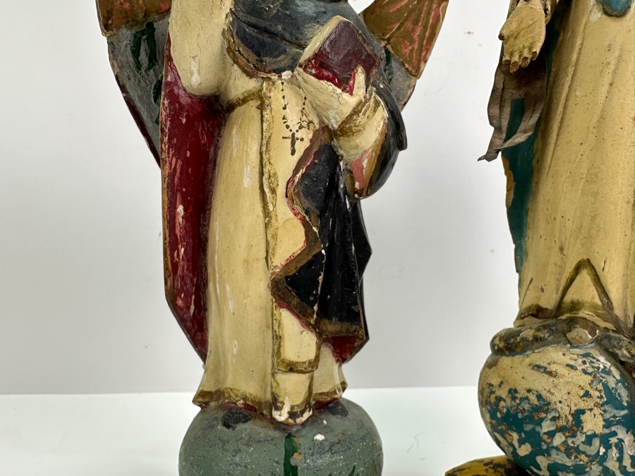 Pair Of Vintage Hand Painted Wooden Polychrome Santos Figures Virgin Mary 15H [Photo 9]