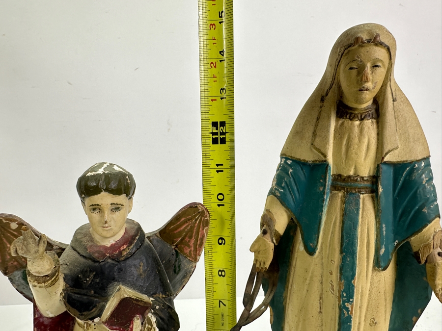 Pair Of Vintage Hand Painted Wooden Polychrome Santos Figures Virgin Mary 15H [Photo 16]
