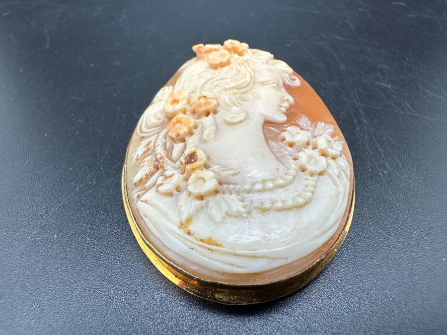 Vintage 9K Gold Carved Shell Cameo Brooch Pin Pendant 7.2g [Photo 2]