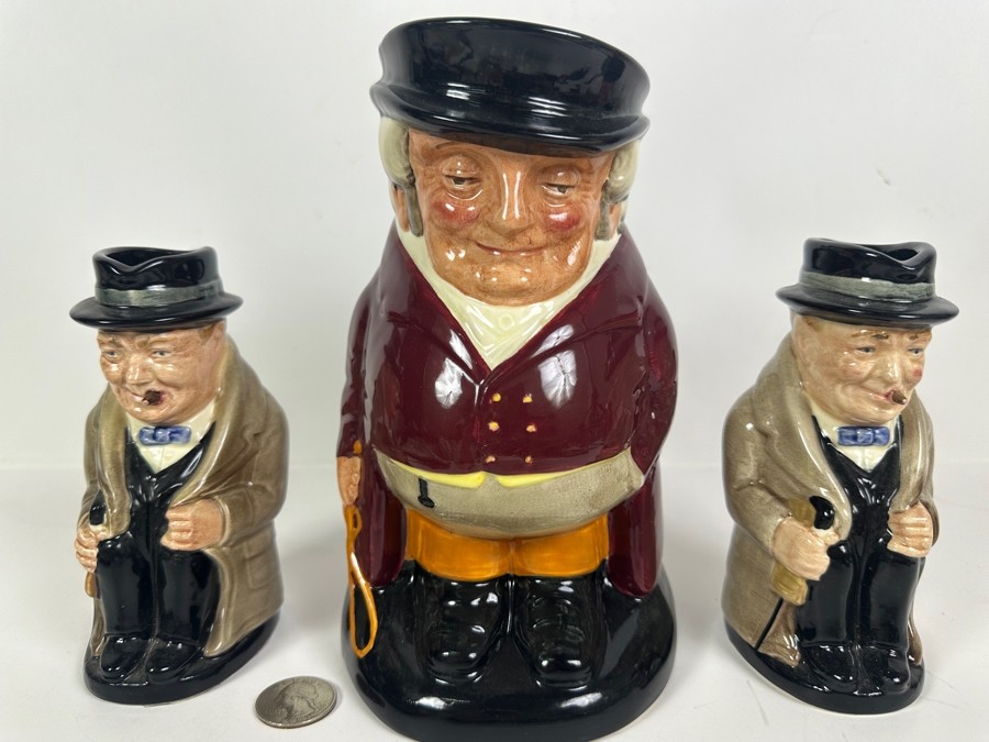 Pair Of Signed Royal Doulton Winston Churchill Toby Jugs Signed By Michael Doulton 6H And Royal Doulton The Huntsman Toby Jug 8H [Photo 4]