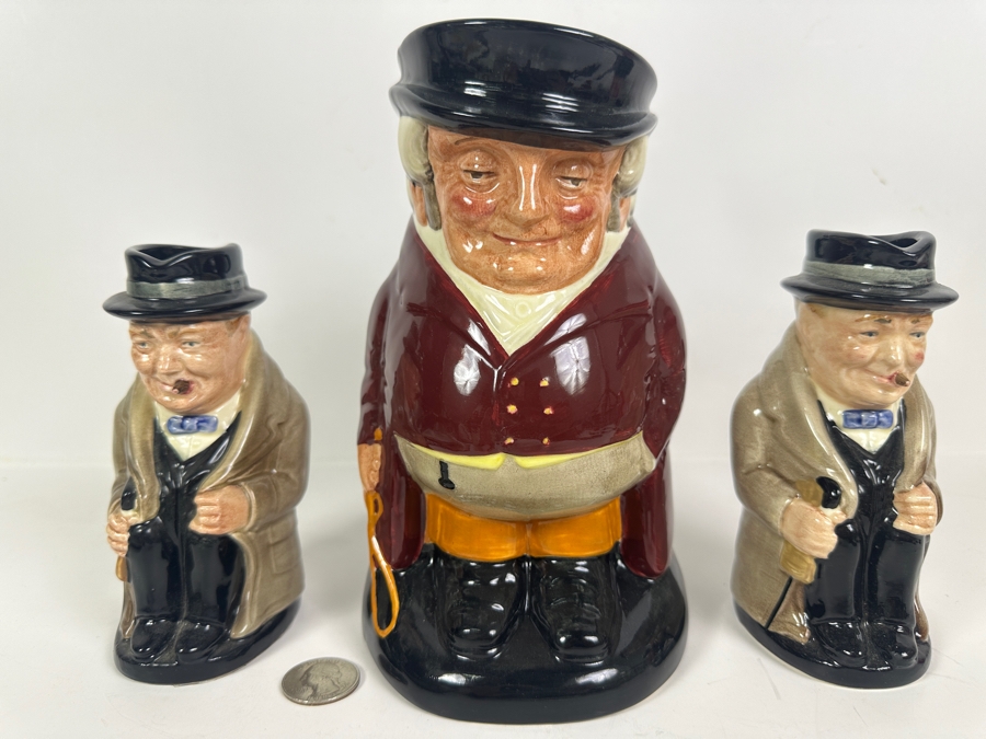 Pair Of Signed Royal Doulton Winston Churchill Toby Jugs Signed By Michael Doulton 6H And Royal Doulton The Huntsman Toby Jug 8H [Photo 5]
