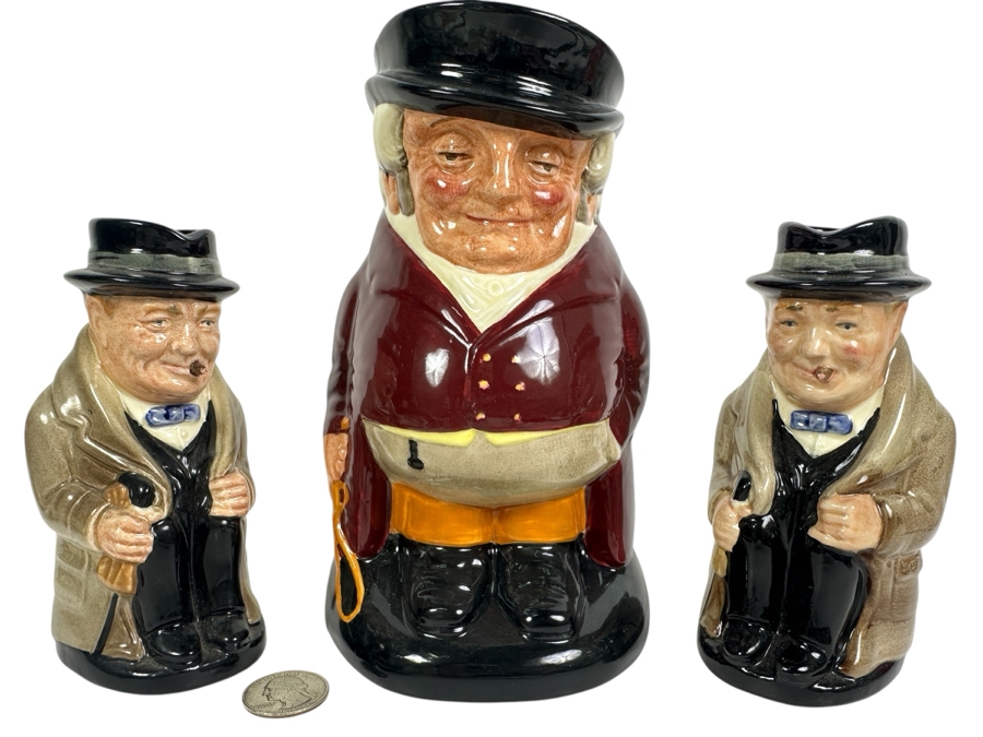 Pair Of Signed Royal Doulton Winston Churchill Toby Jugs Signed By Michael Doulton 6H And Royal Doulton The Huntsman Toby Jug 8H