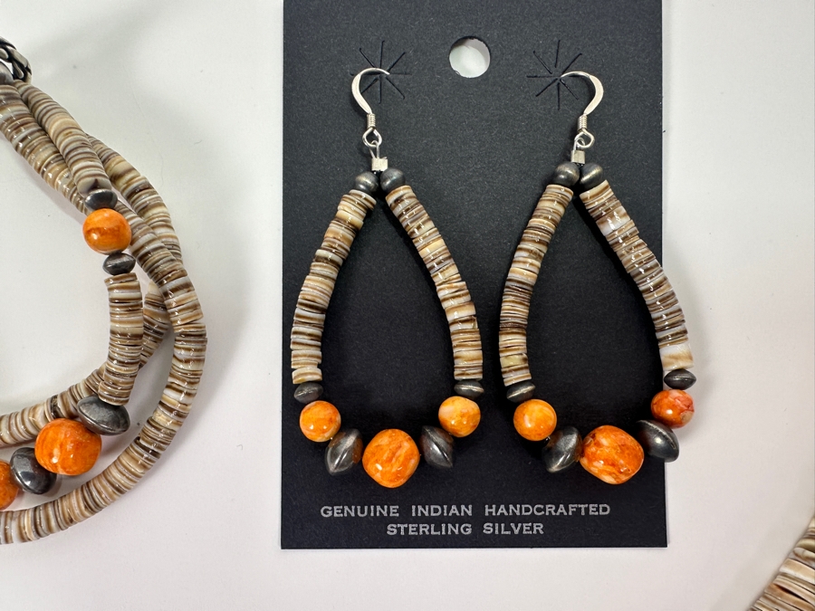 Native American Handcrafted Sterling Silver Shell Jewelry Set With Earrings, Bracelet & Necklace [Photo 2]