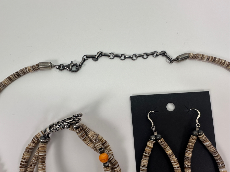 Native American Handcrafted Sterling Silver Shell Jewelry Set With Earrings, Bracelet & Necklace [Photo 5]