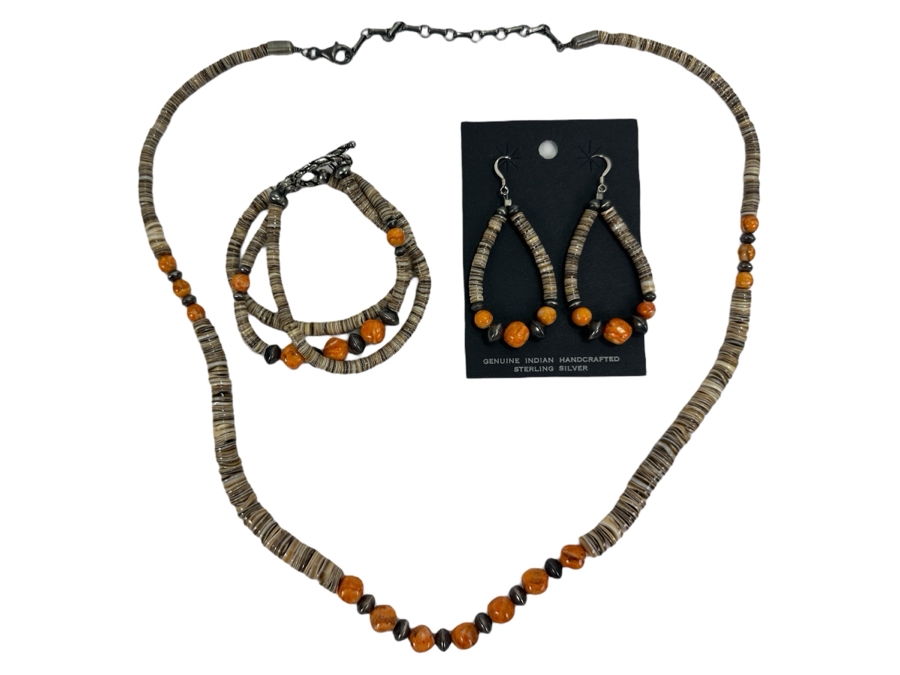 Native American Handcrafted Sterling Silver Shell Jewelry Set With Earrings, Bracelet & Necklace [Photo 1]