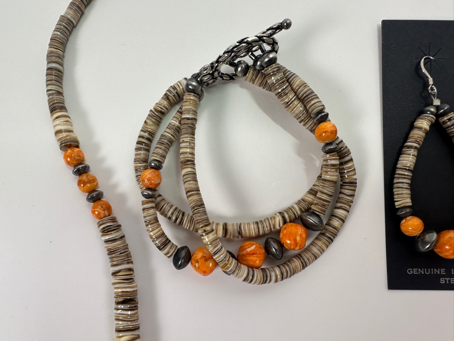 Native American Handcrafted Sterling Silver Shell Jewelry Set With Earrings, Bracelet & Necklace [Photo 3]