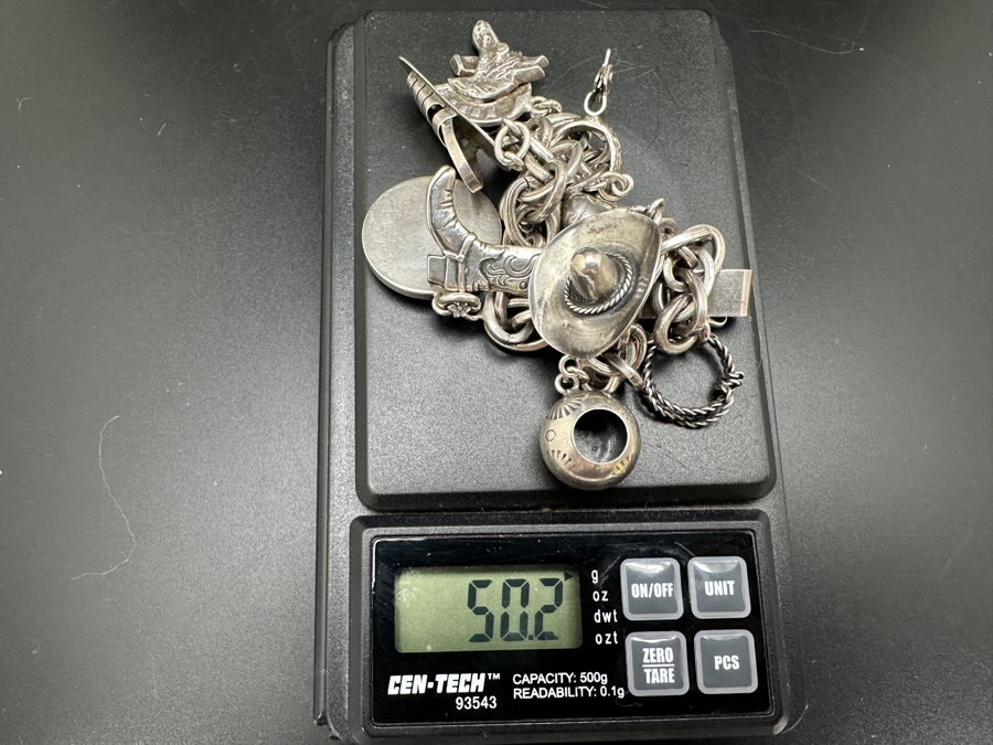 Vintage Mexican Sterling Silver Western Charm Bracelet 50.2g [Photo 12]