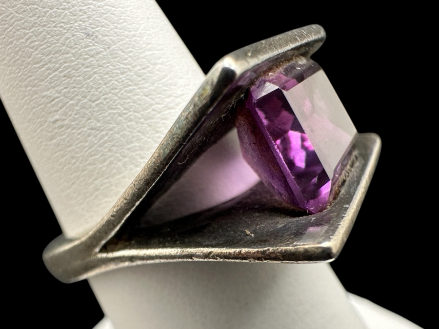 Sterling Silver Modernist Ring Set With Color Change Synthetic Sapphire Size 7.5 10.5g [Photo 1]