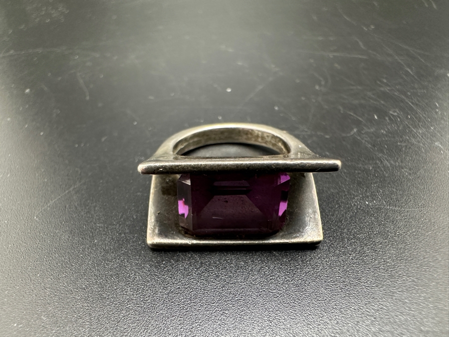 Sterling Silver Modernist Ring Set With Color Change Synthetic Sapphire Size 7.5 10.5g [Photo 8]