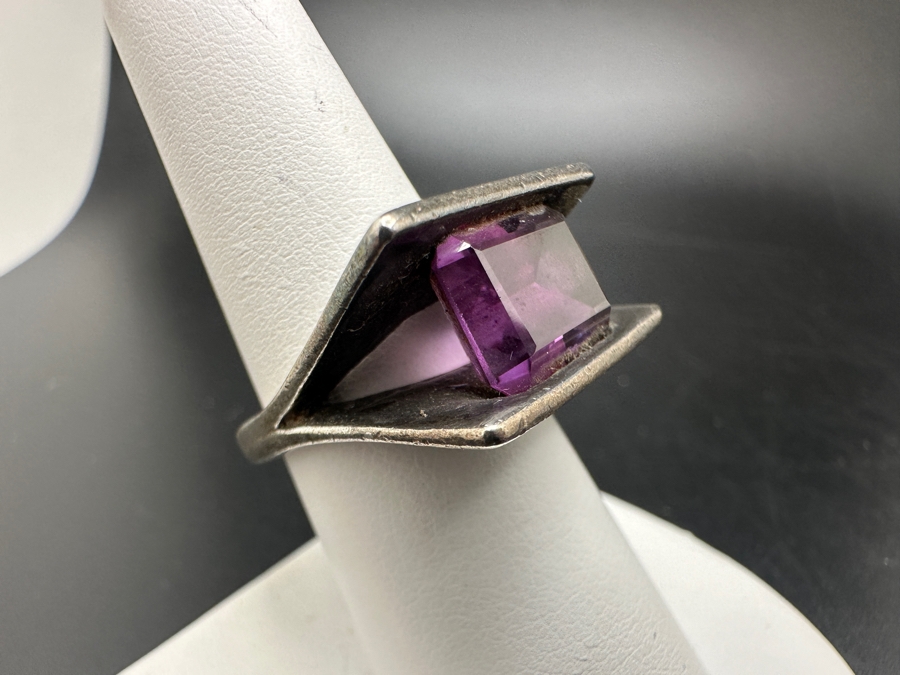 Sterling Silver Modernist Ring Set With Color Change Synthetic Sapphire Size 7.5 10.5g [Photo 4]