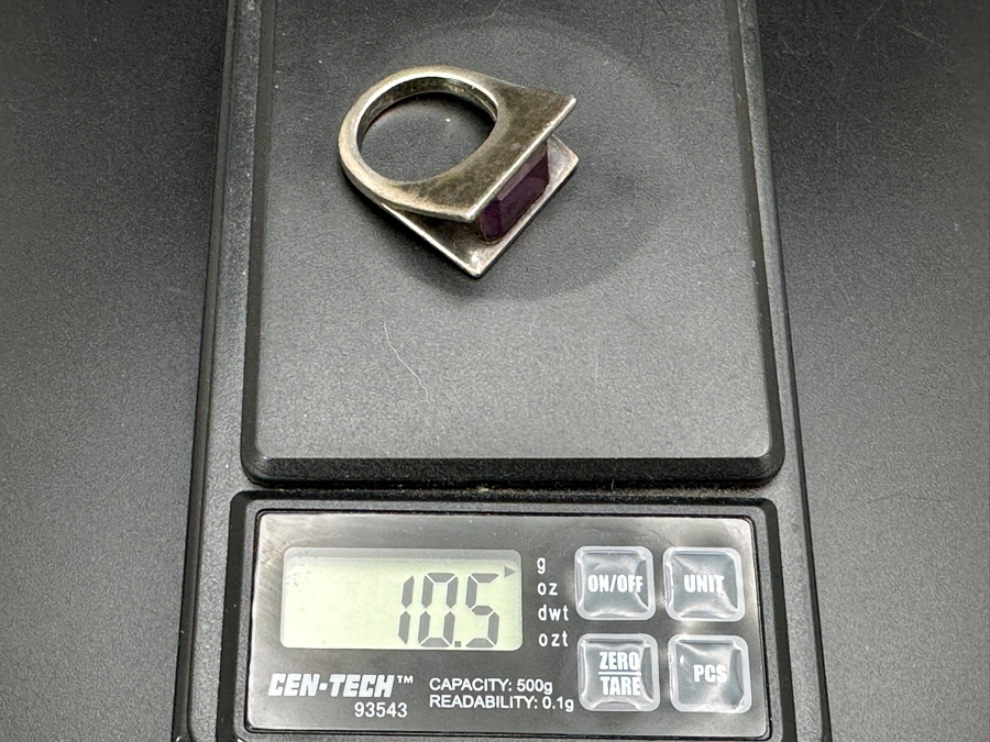 Sterling Silver Modernist Ring Set With Color Change Synthetic Sapphire Size 7.5 10.5g [Photo 13]