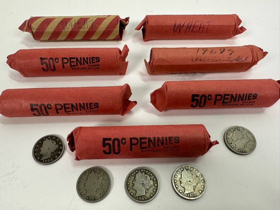 Collection Of Various Rolled Pennies Including Wheat Pennies, 1968s Uncirculated Pennies & Five Antique Liberty Head Nickels [Photo 2]