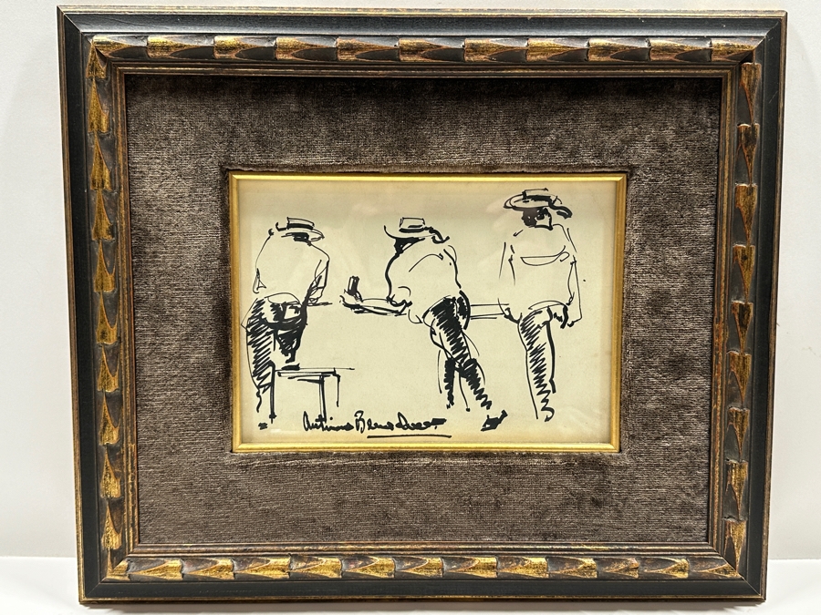 Antonio Beneduce Figurative Abstract Three Cowboys At A Bar Ink Drawing On Paper 8.5 X 6 Framed 16 X 13.5 [Photo 2]
