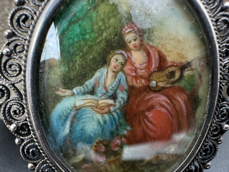 Antique Italian Miniature Hand Painted Brooch Pin / Pendant 800 Silver 10.2g [Photo 2]