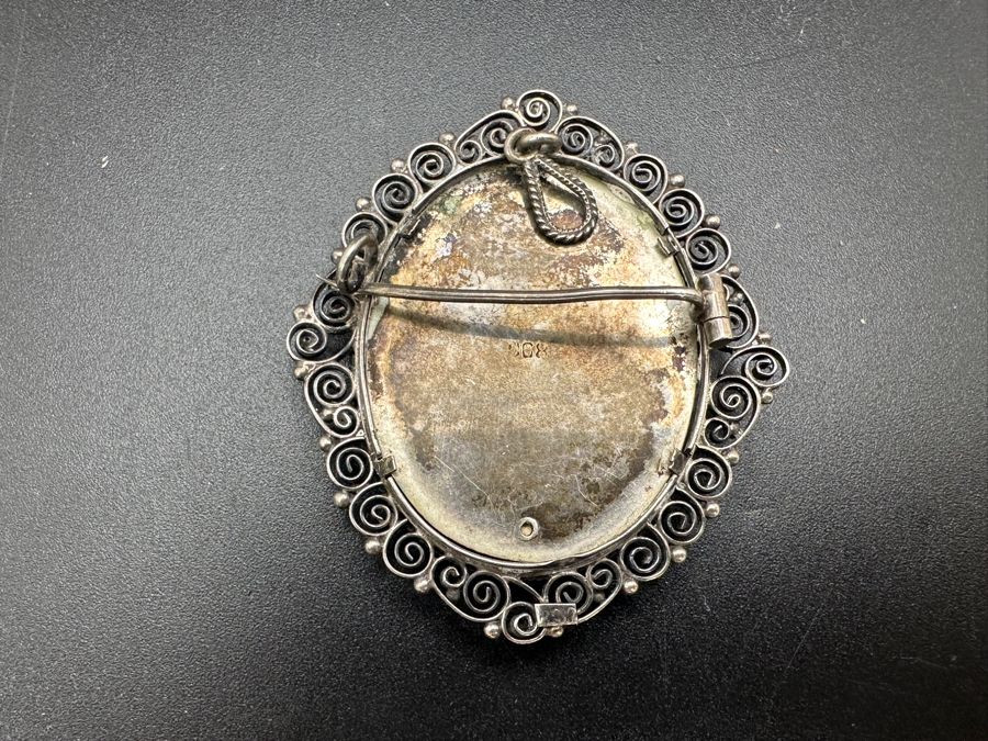 Antique Italian Miniature Hand Painted Brooch Pin / Pendant 800 Silver 10.2g [Photo 3]