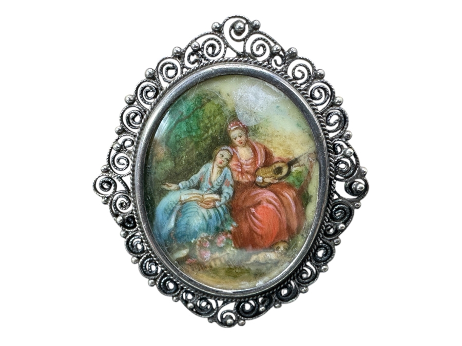 Antique Italian Miniature Hand Painted Brooch Pin / Pendant 800 Silver 10.2g