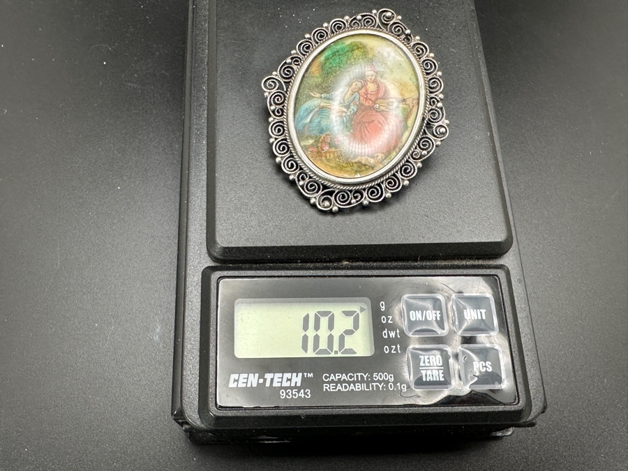 Antique Italian Miniature Hand Painted Brooch Pin / Pendant 800 Silver 10.2g [Photo 5]