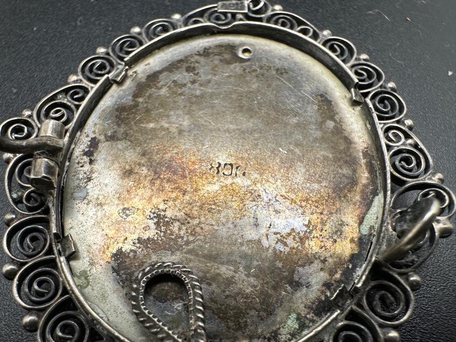 Antique Italian Miniature Hand Painted Brooch Pin / Pendant 800 Silver 10.2g [Photo 4]