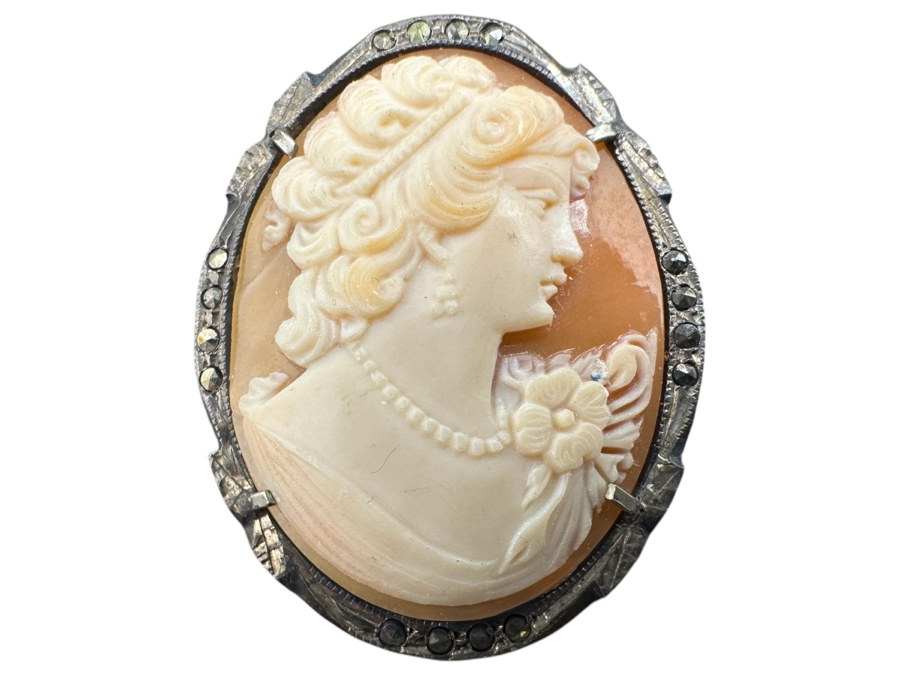 Vintage Sterling Silver Carved Shell Cameo Brooch Pin / Pendant 5.3g