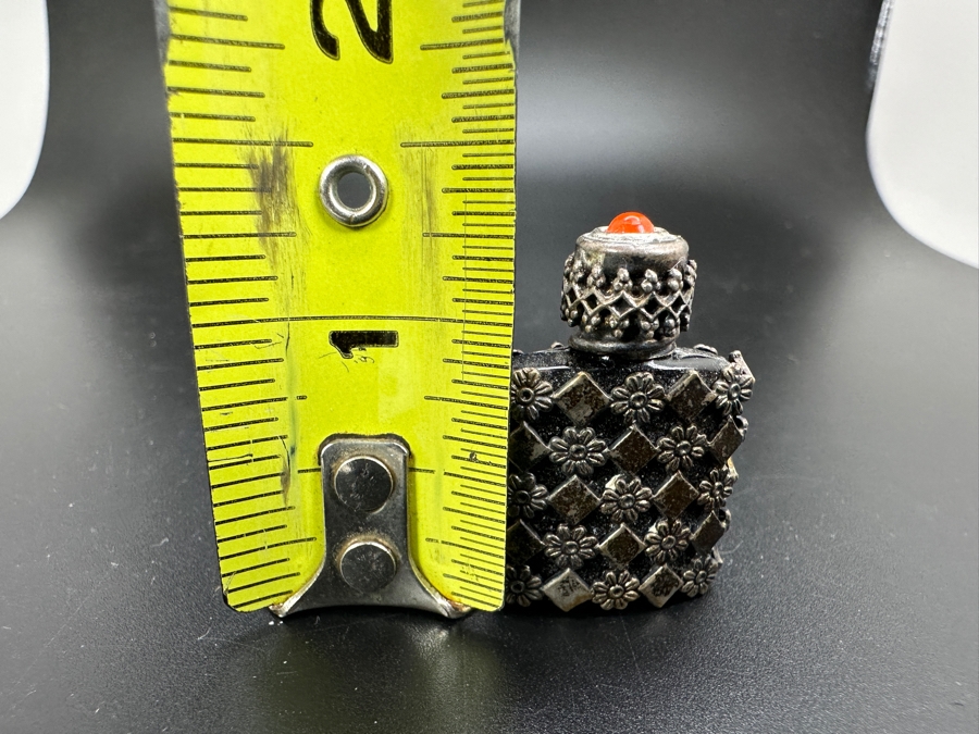 Vintage French Black Miniature Perfume Bottle Encased In Sterling Silver 1.25'H [Photo 5]