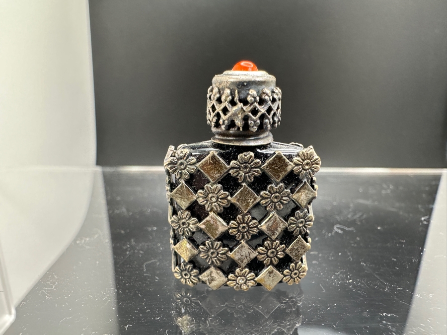 Vintage French Black Miniature Perfume Bottle Encased In Sterling Silver 1.25'H [Photo 2]