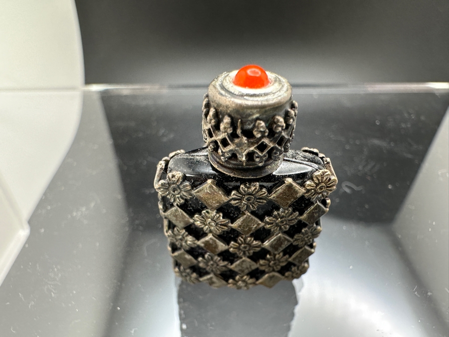 Vintage French Black Miniature Perfume Bottle Encased In Sterling Silver 1.25'H [Photo 3]