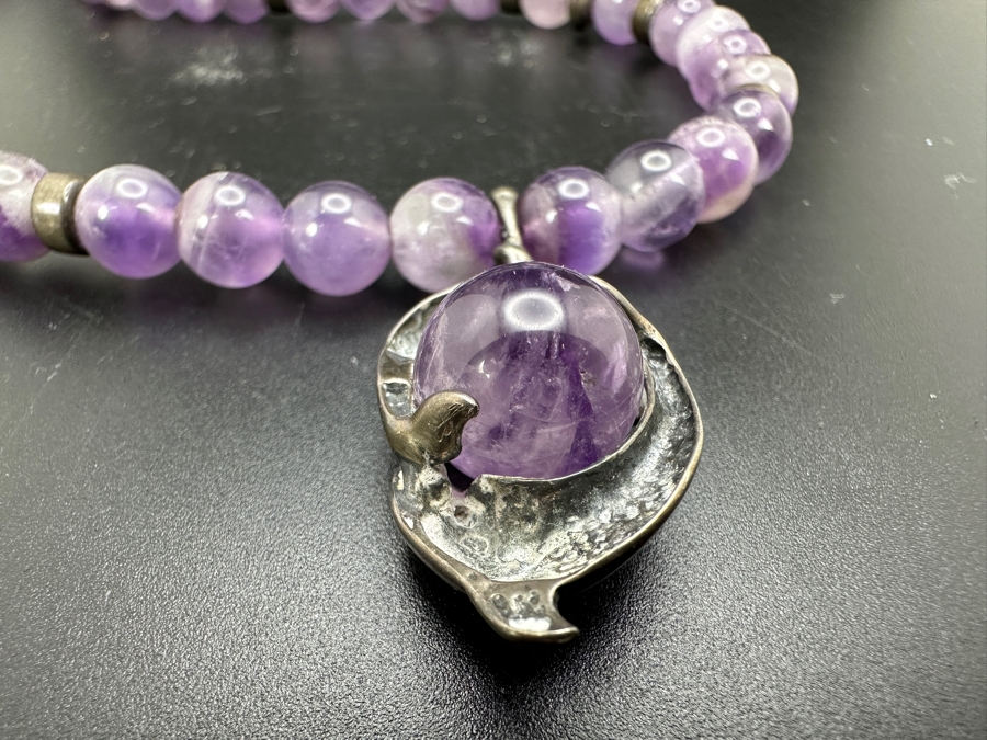 Sterling Silver & Amethyst 17' Necklace With Sterling Silver Dolphins Encasing A Rotating Amethyst Marble Pendant [Photo 4]