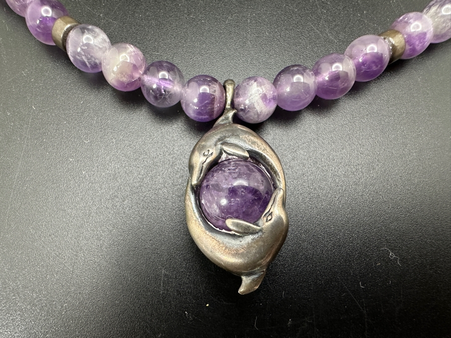 Sterling Silver & Amethyst 17' Necklace With Sterling Silver Dolphins Encasing A Rotating Amethyst Marble Pendant [Photo 2]