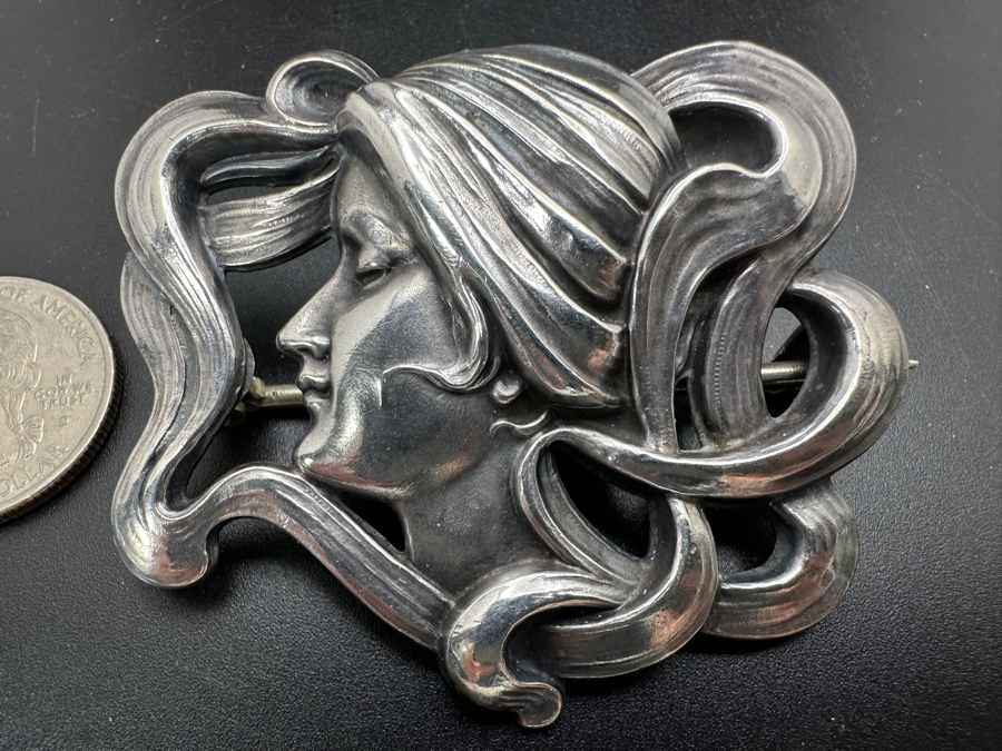 Antique Sterling Silver Art Noveua Brooch Lady Pin By William Kerr 1273 23g [Photo 6]