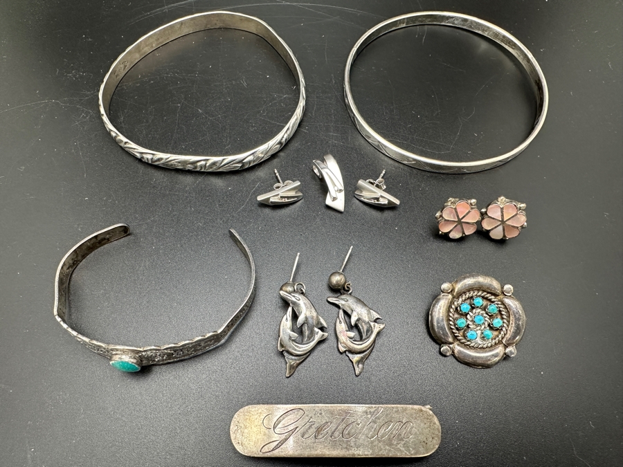 Sterling Silver Jewelry Lot Featuring Bracelets, Earrings & Pins / Brooches 63.7g [Photo 11]