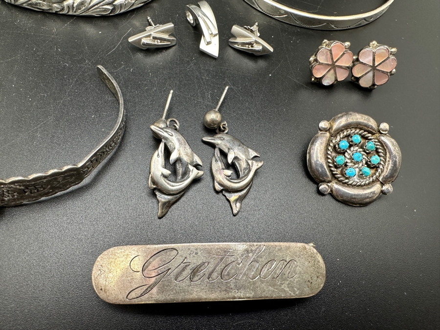 Sterling Silver Jewelry Lot Featuring Bracelets, Earrings & Pins / Brooches 63.7g [Photo 3]