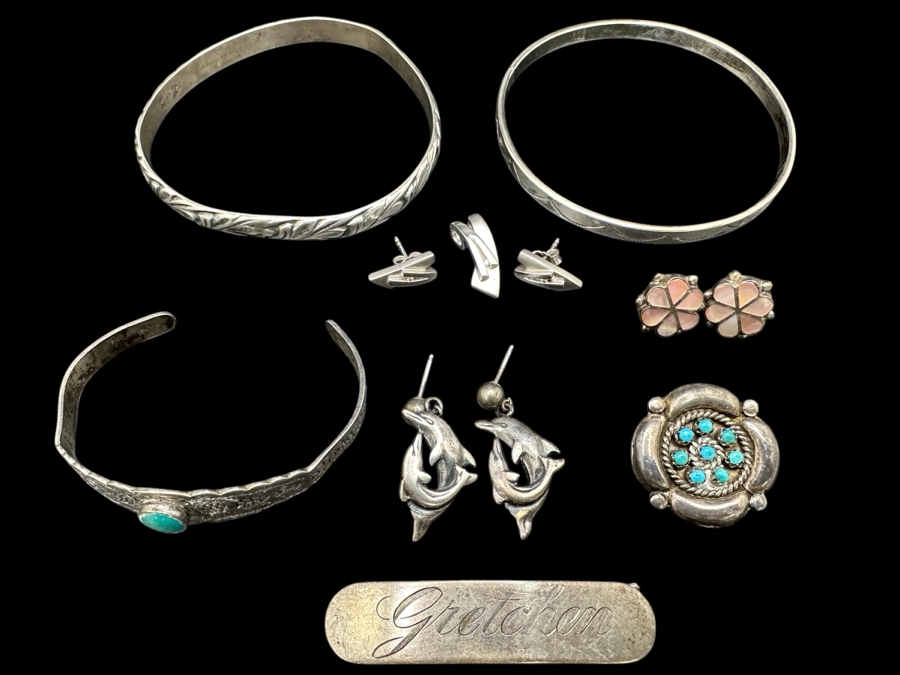 Sterling Silver Jewelry Lot Featuring Bracelets, Earrings & Pins / Brooches 63.7g [Photo 1]
