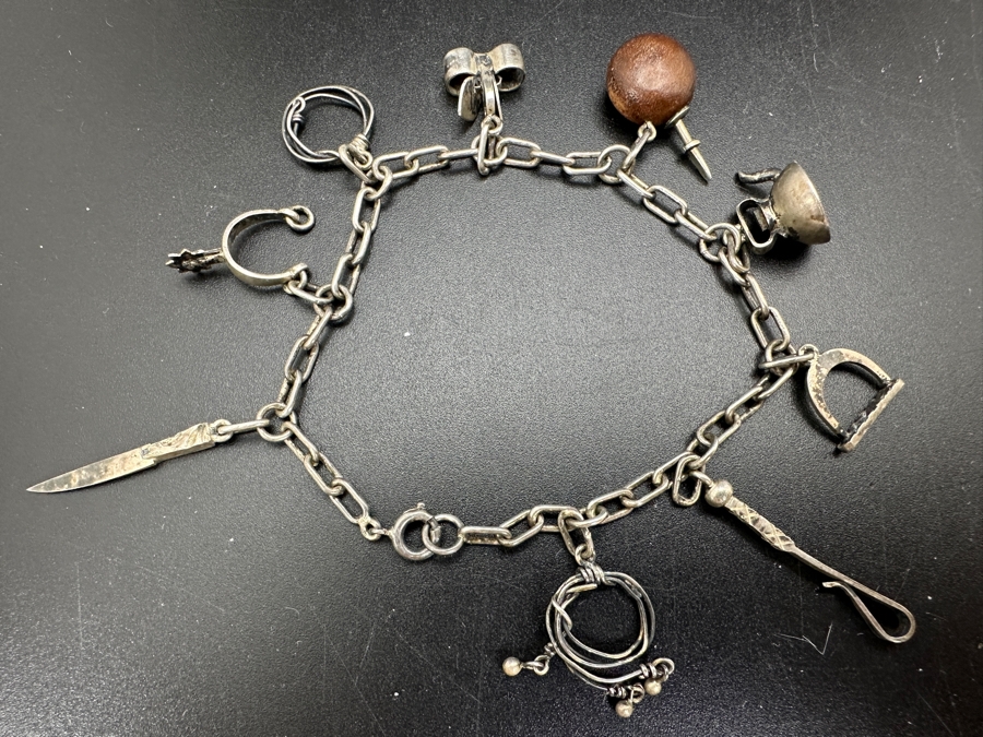 Vintage 800 Silver Western 12 Charm Horse Dog Bell Teapot Rope Bracelet 6.5'L 8.9g [Photo 8]