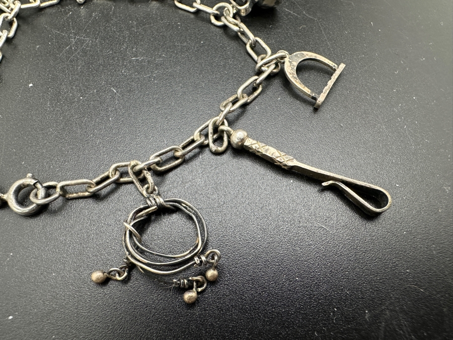 Vintage 800 Silver Western 12 Charm Horse Dog Bell Teapot Rope Bracelet 6.5'L 8.9g [Photo 5]