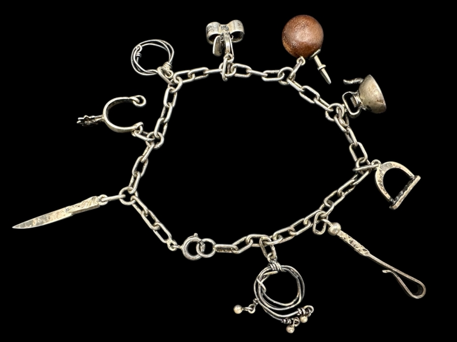 Vintage 800 Silver Western 12 Charm Horse Dog Bell Teapot Rope Bracelet 6.5'L 8.9g [Photo 1]