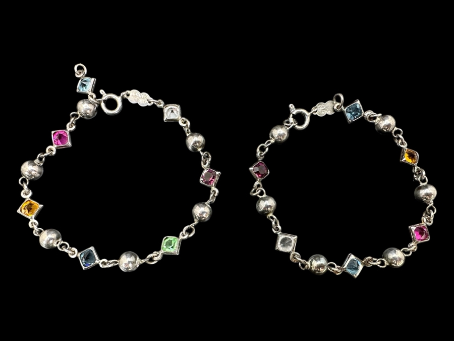 Pair Of Italian Sterling Silver With Multi-Stones Bracelets 10.6g [Photo 1]